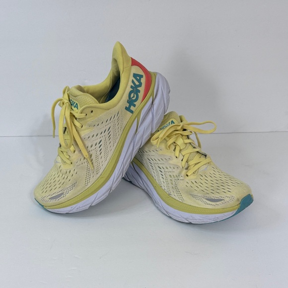 Hoka Women's Clifton 8 Pale Yellow Running Shoes with Teal and Coral Accents